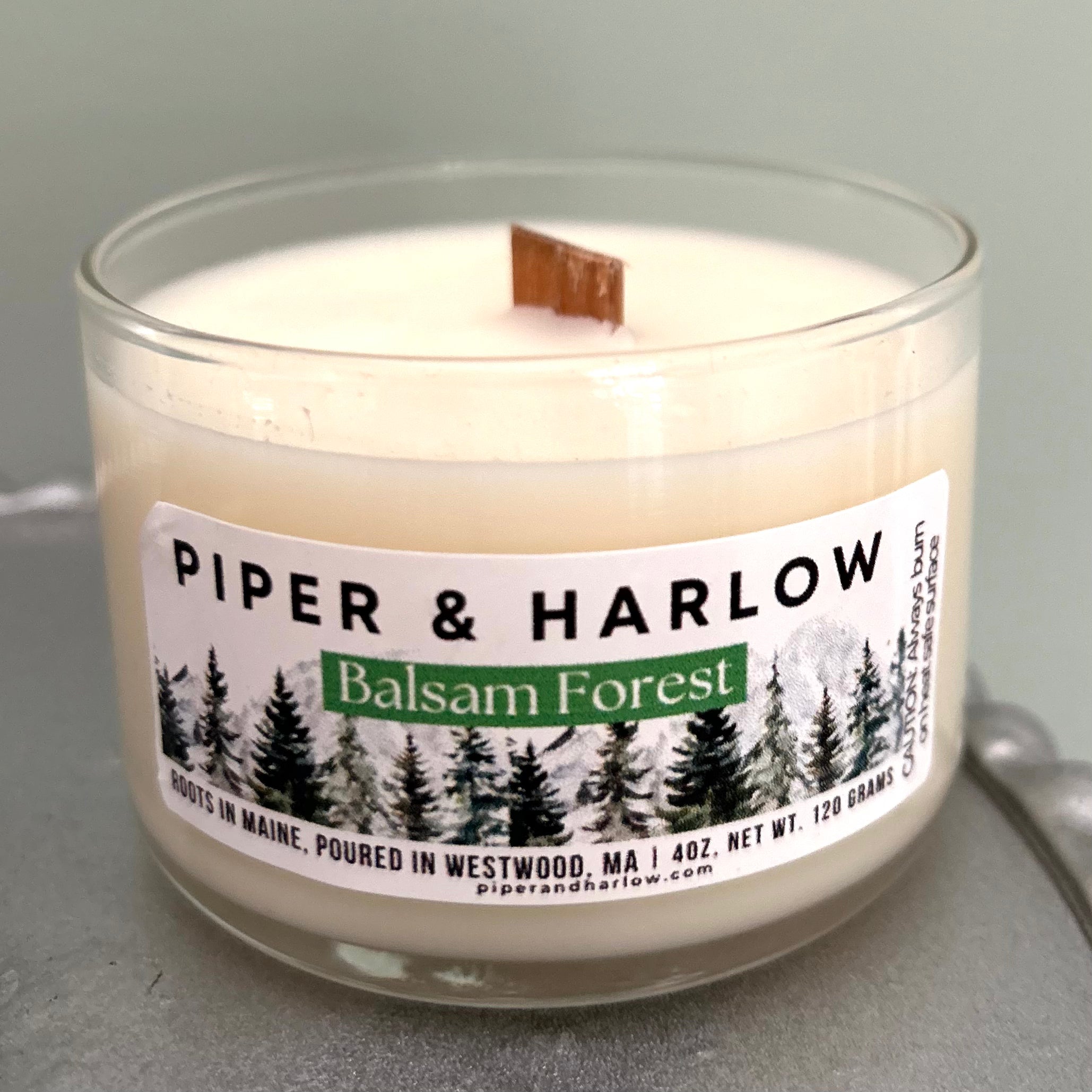 4 oz candle in glass vessel with wood wick, Balsam Forest fragrance