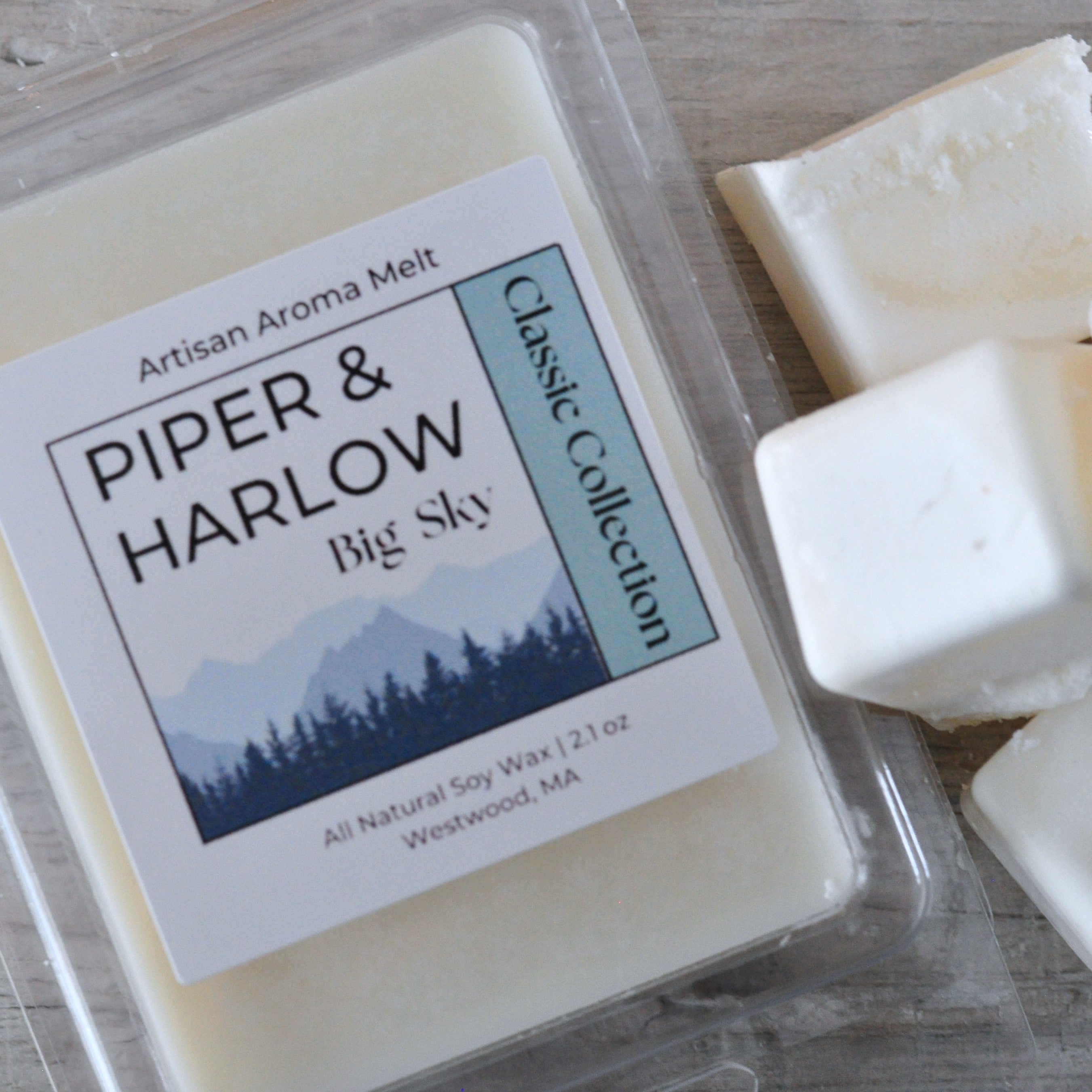 Big Sky scented aroma melts that are pure soy wax. Six cubes, 2.1 ounces