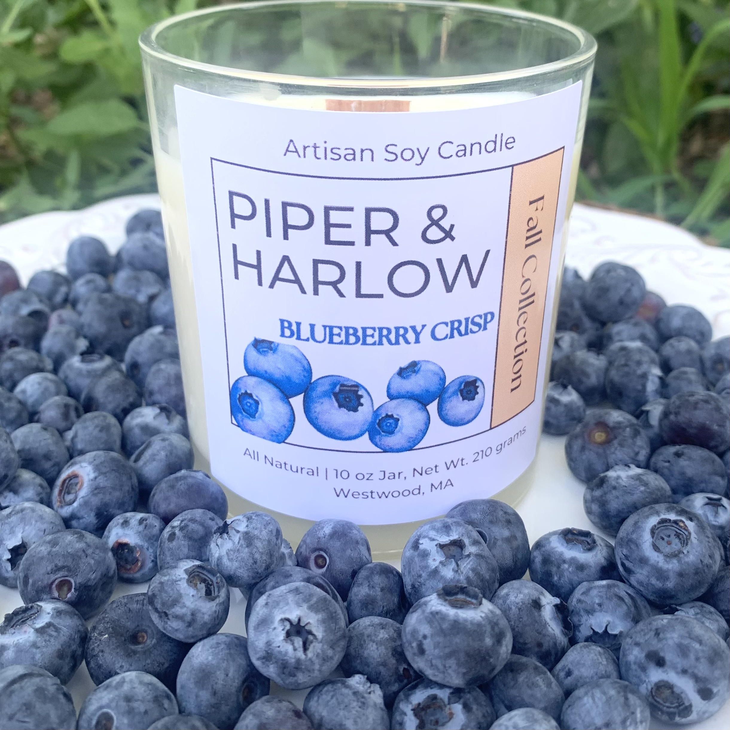 Blueberry Crisp soy candle with wood wick in clear glass jar. 10 oz.
