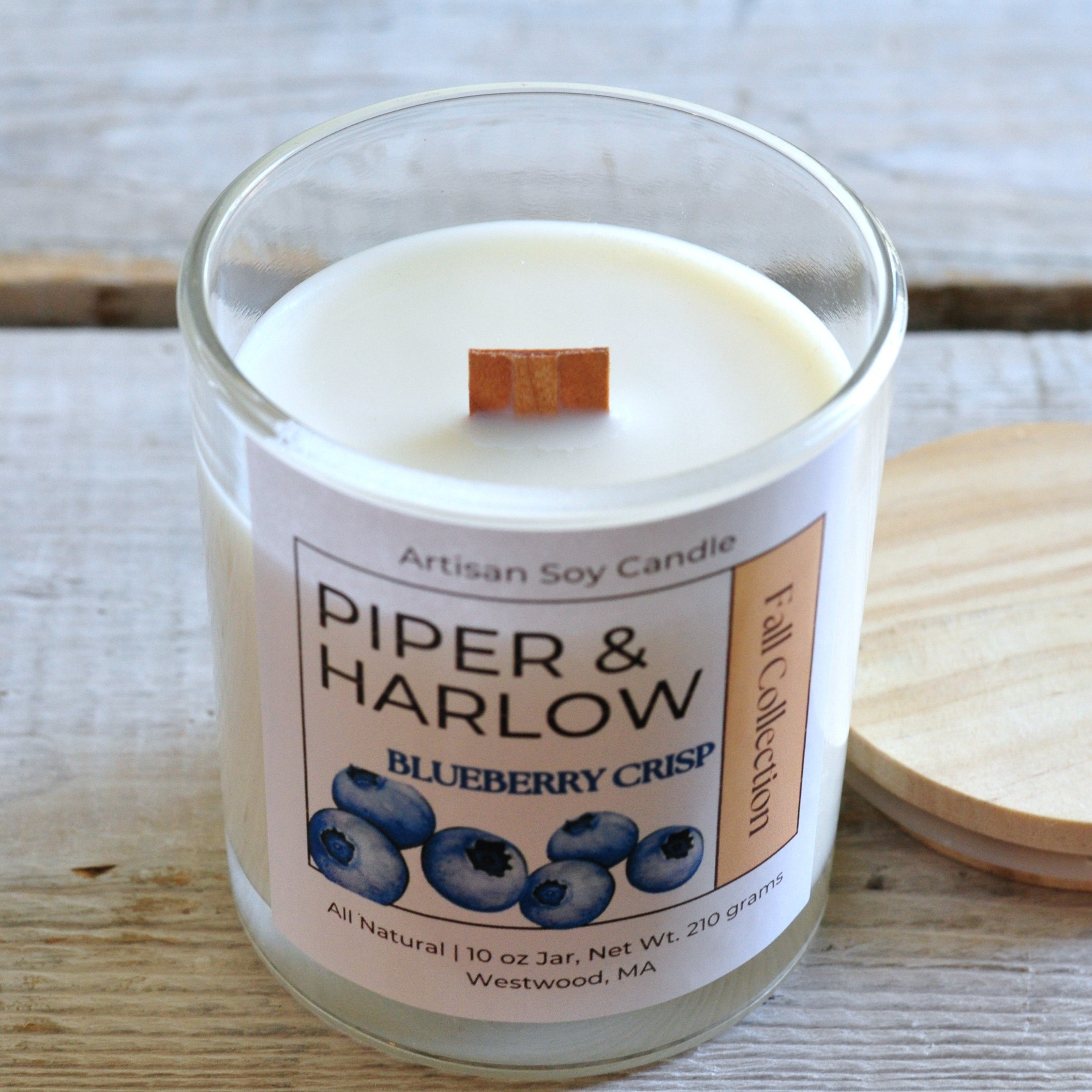 Blueberry Crisp soy candle with wood wick in clear glass jar. 10 oz.