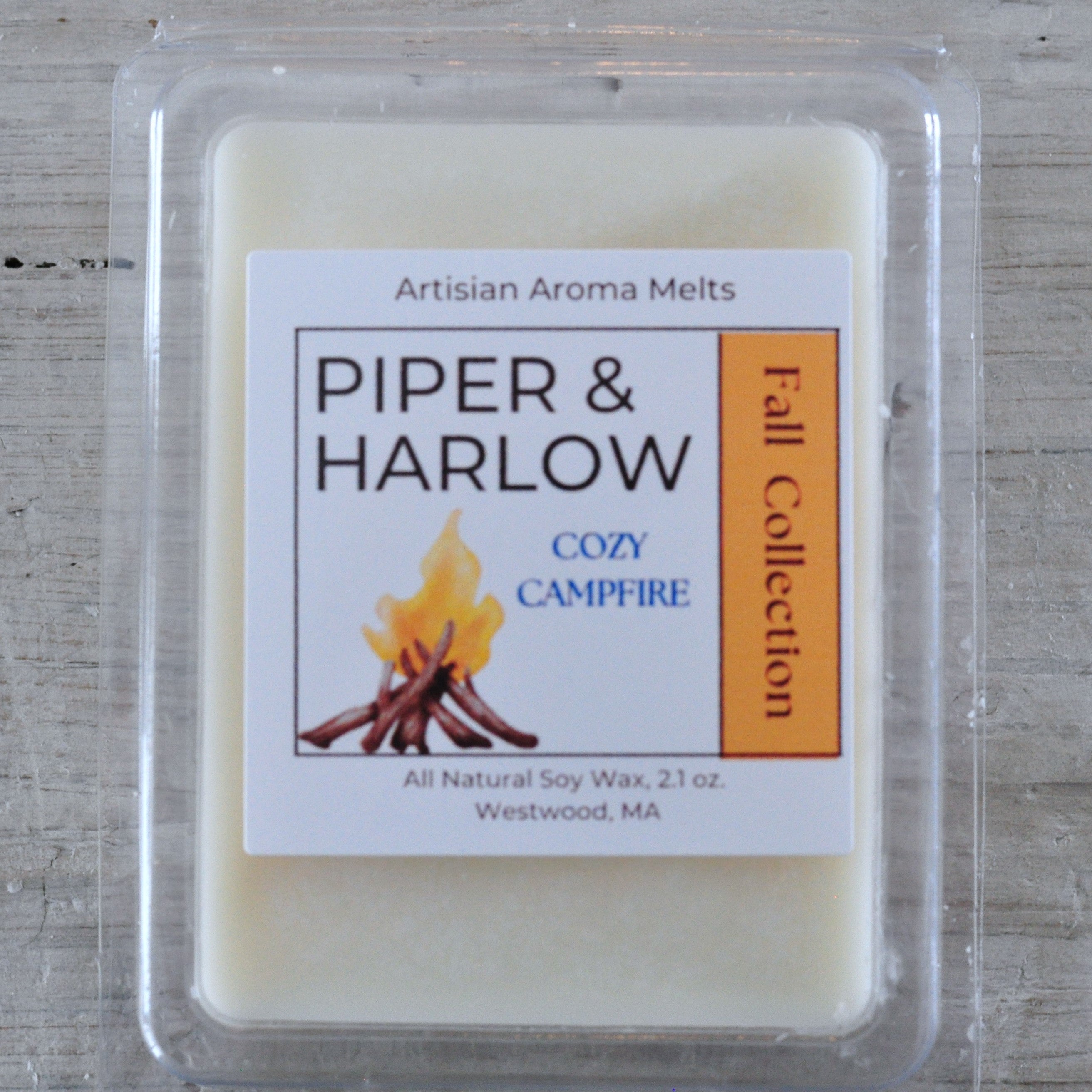 Cozy Campfire soy aroma melts. Campfire on the packaging.