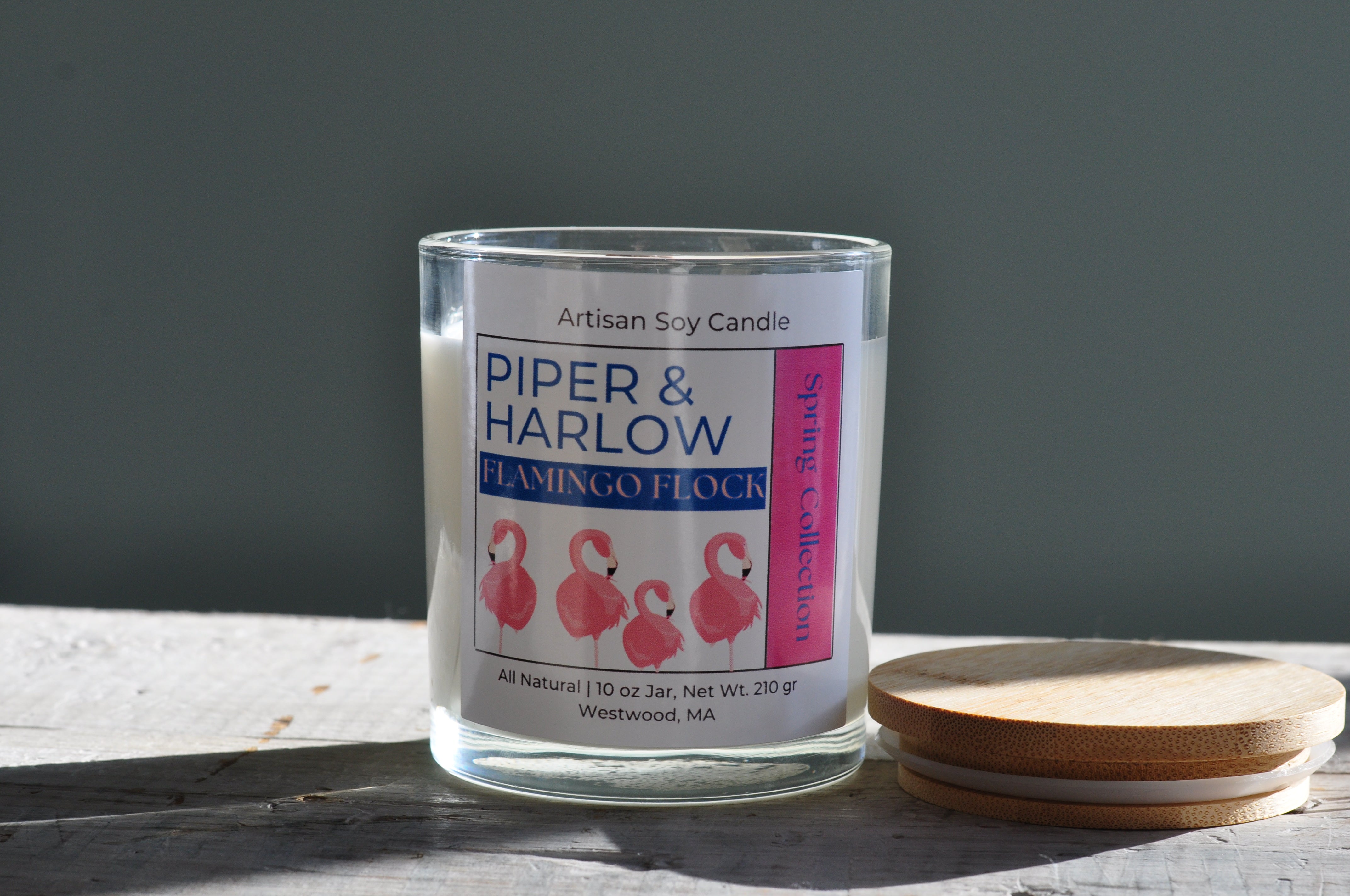 Flamingo Flock scented soy candle in glass jar with wood lid