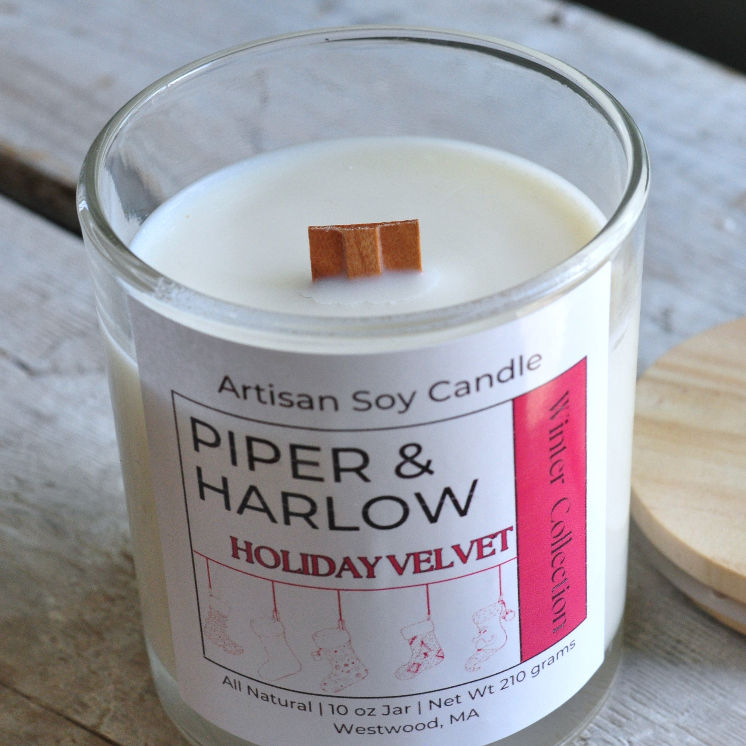 Glass candle jar with soy wax candle in the scent Holiday Velvet