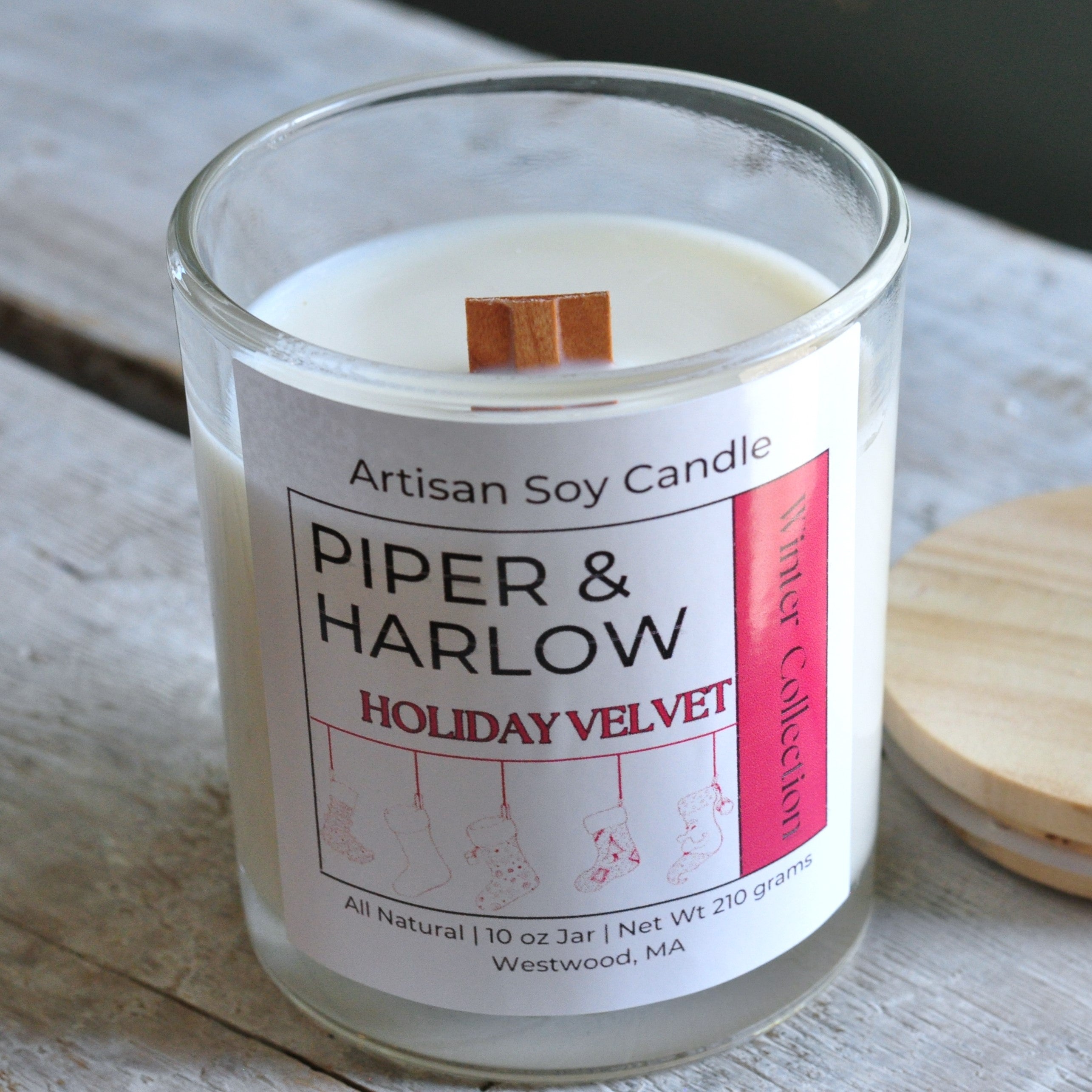 Glass candle jar with pure soy candle with wood wick in scent Holiday Velvet
