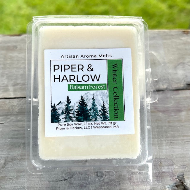Balsam forest aroma melts with pine trees on packaging. Six cubes in plastic clamshell
