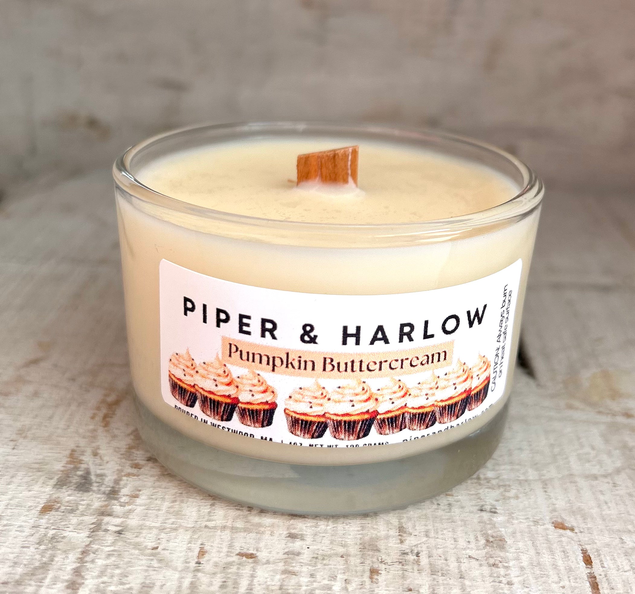 small glass tumbler pumpkin buttercream candle with wood wick