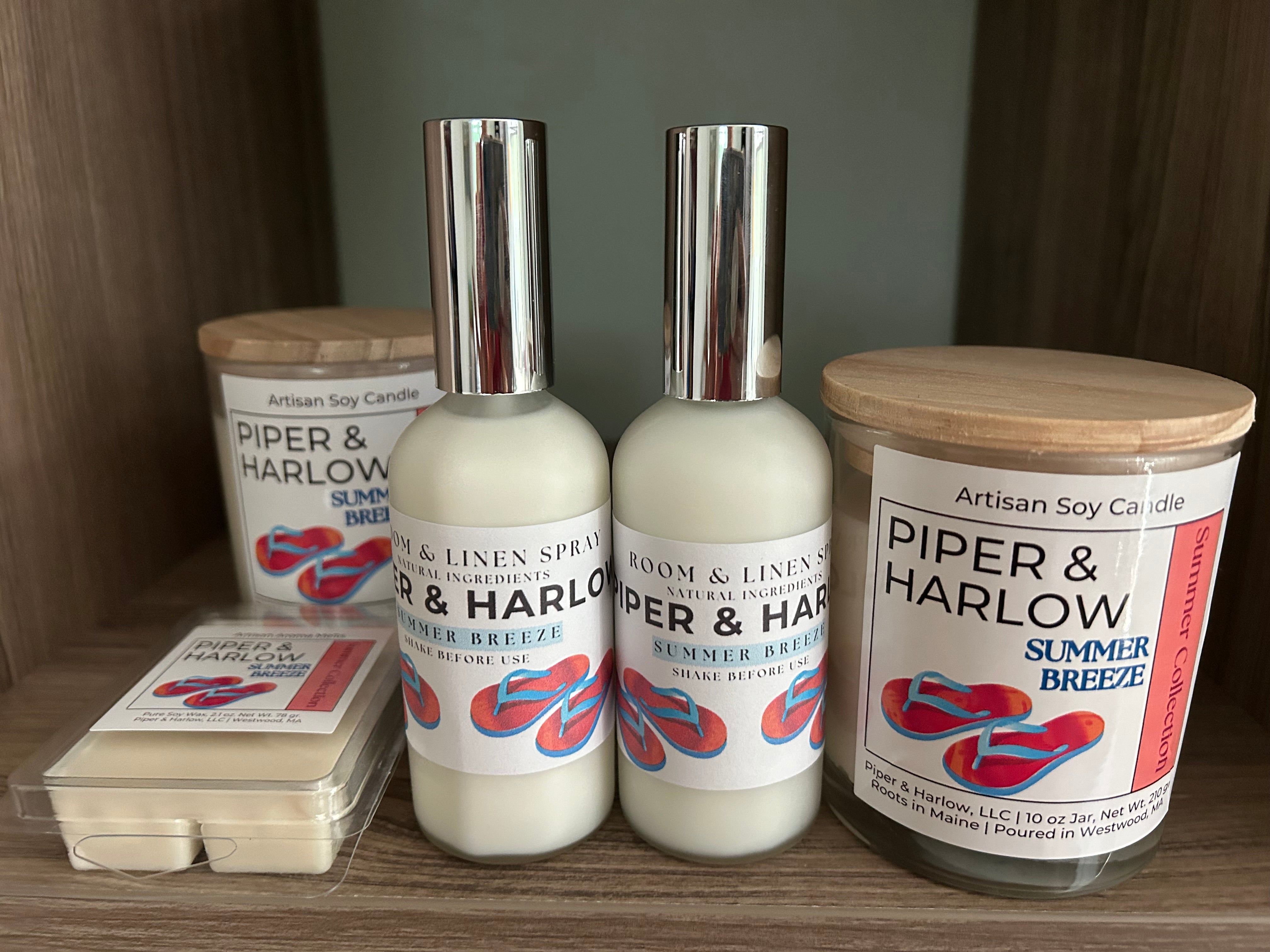 Collection of summer breeze scented candles and room spray from Piper & Harlow