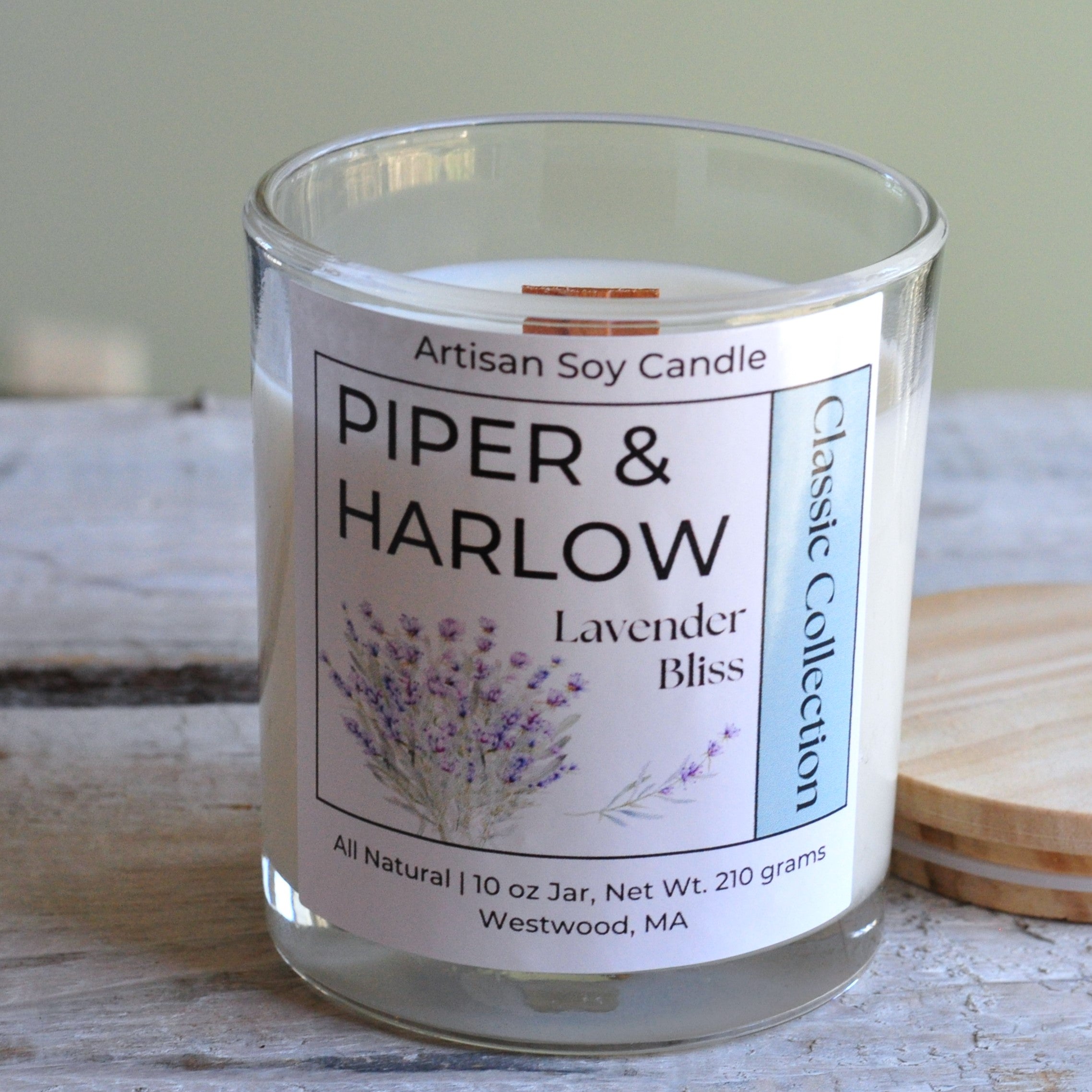 Lavender Bliss scented soy candle in glass jar with wood wick and wood lid