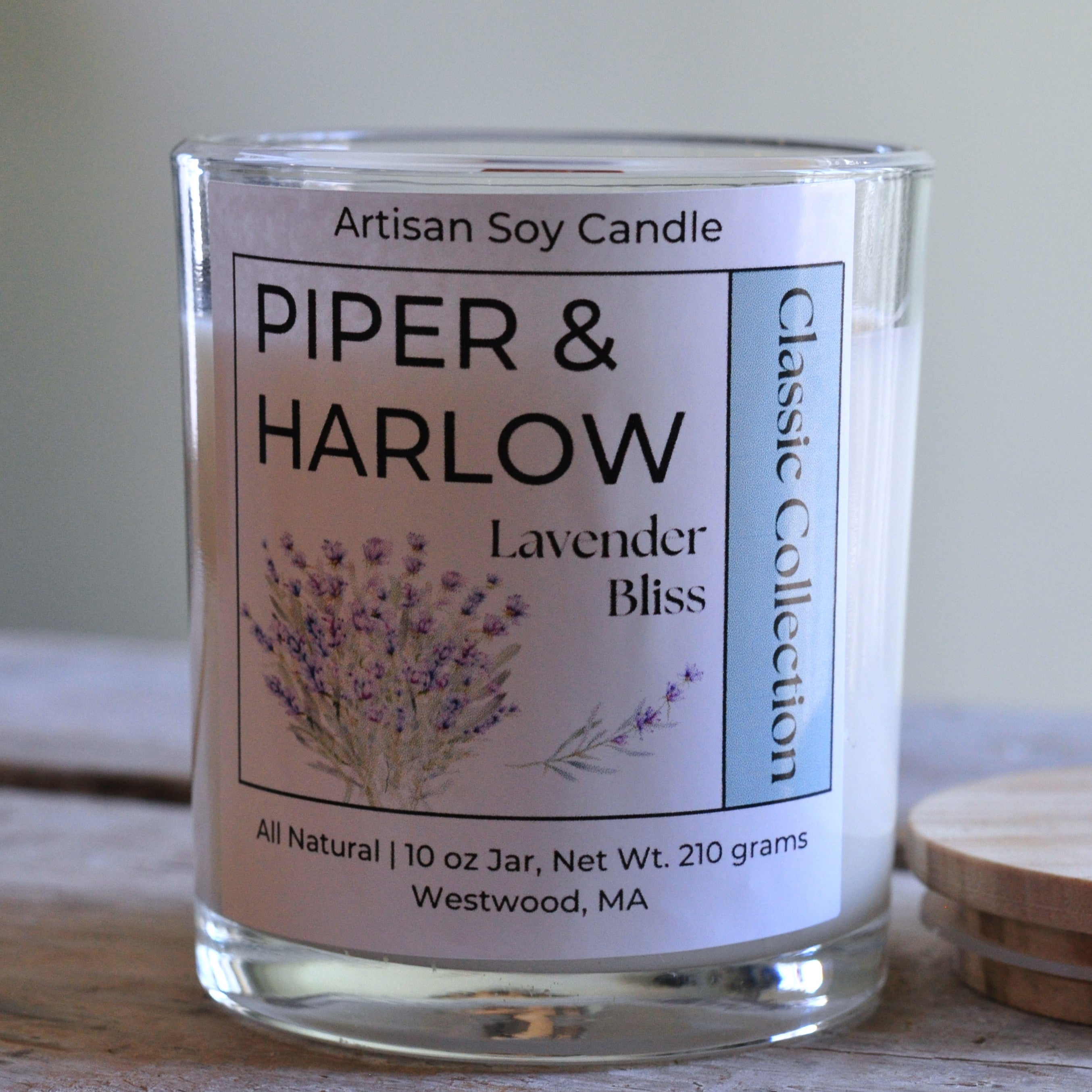 Lavender Bliss soy candle in glass jar with wood lid