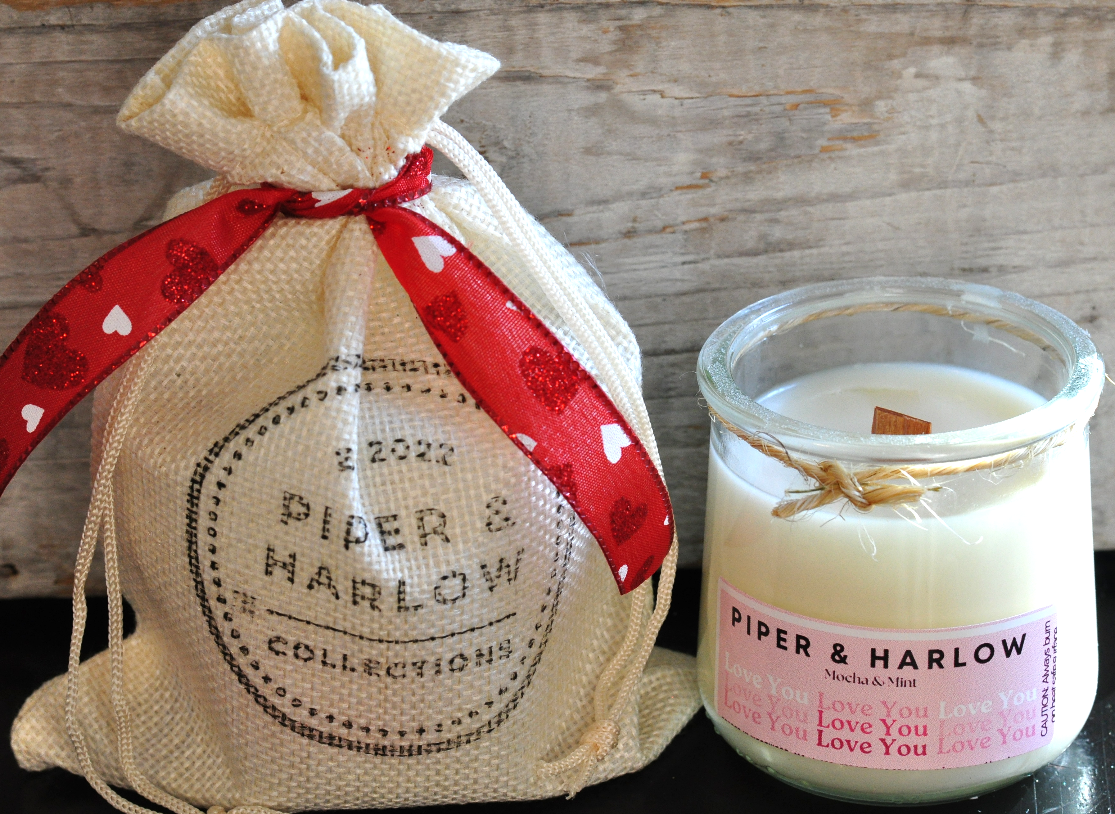 mini soy candle with crackling wood wick with burlap gift bag and heart ribbon