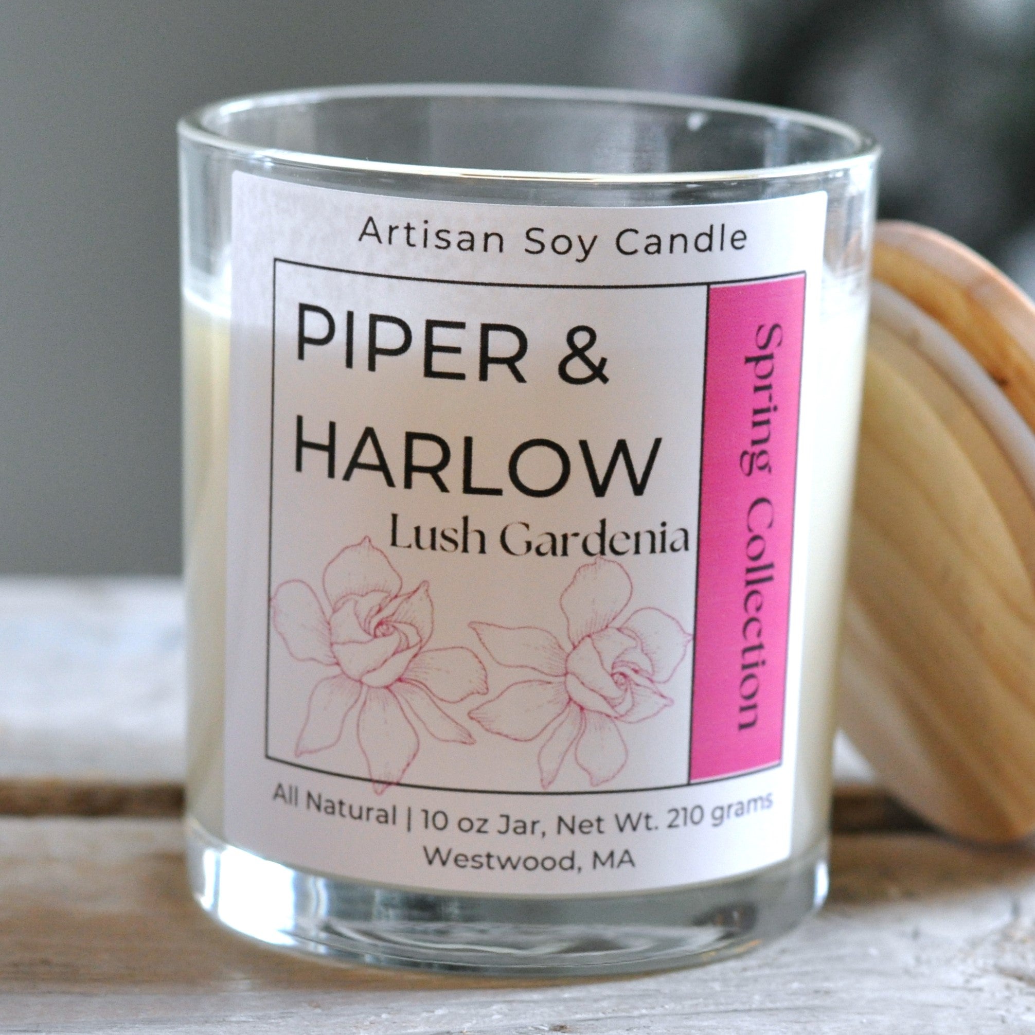 10 ounce soy candle in Lush Gardenia fragrance with wood lid