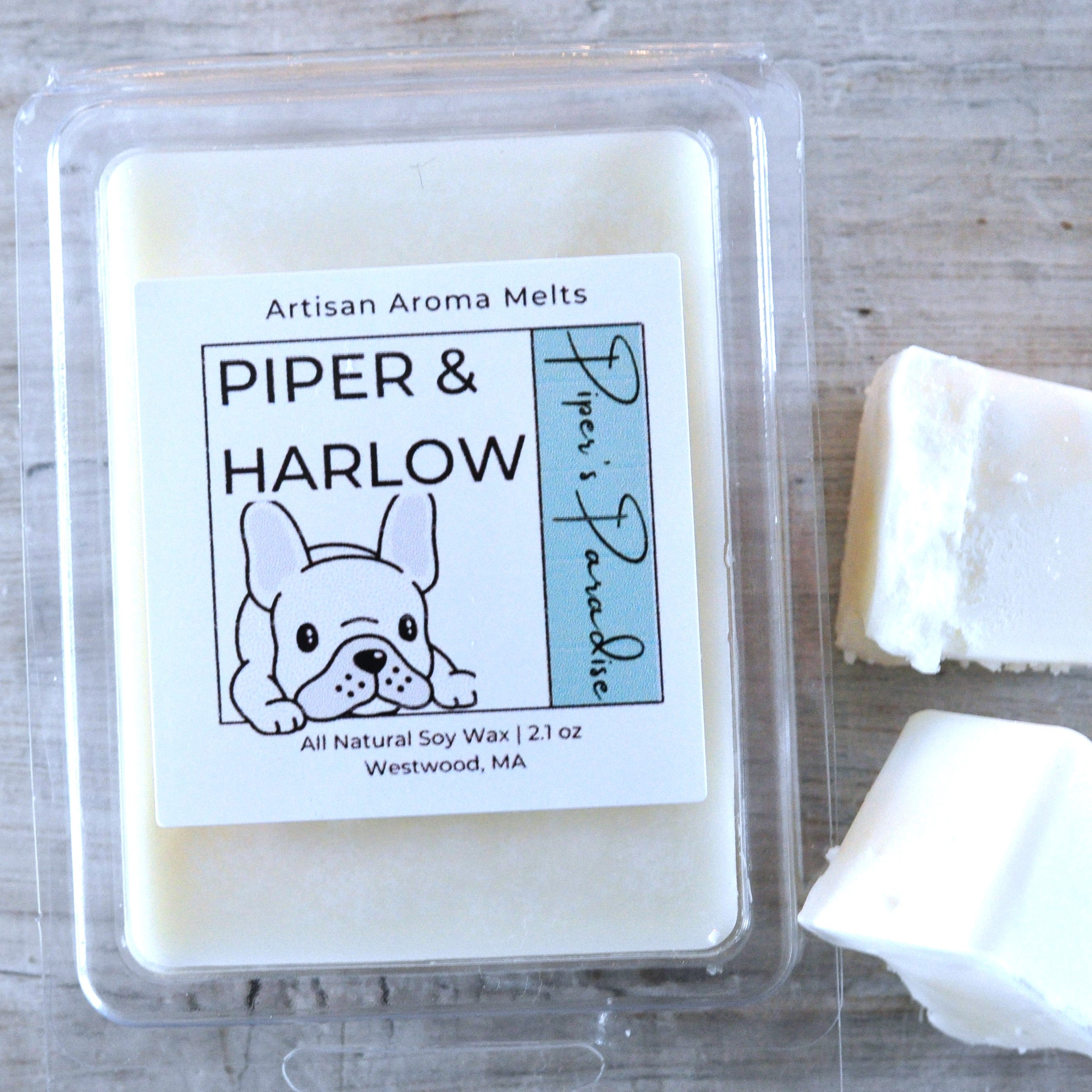 Aroma melts in Piper's Paradise scent. There is a french bulldog on the label.