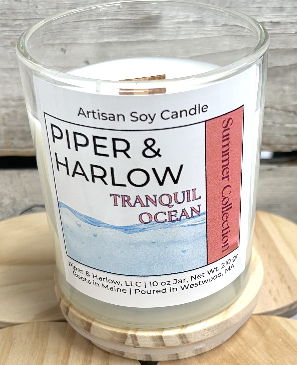 Tranquil Ocean scented soy candle in glass jar with crackling wood wick