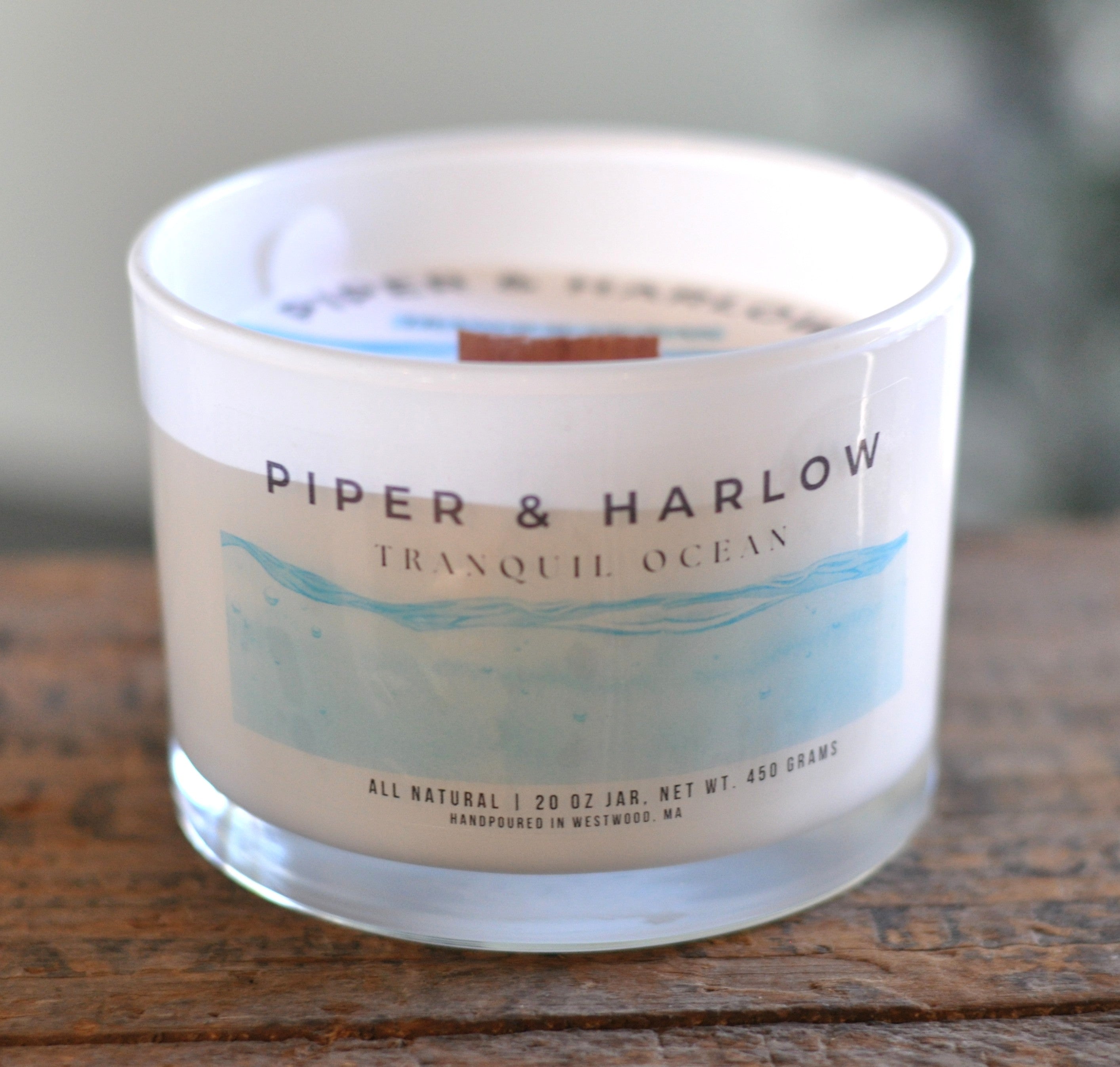 Tranquil Ocean scent soy candle with wood wick