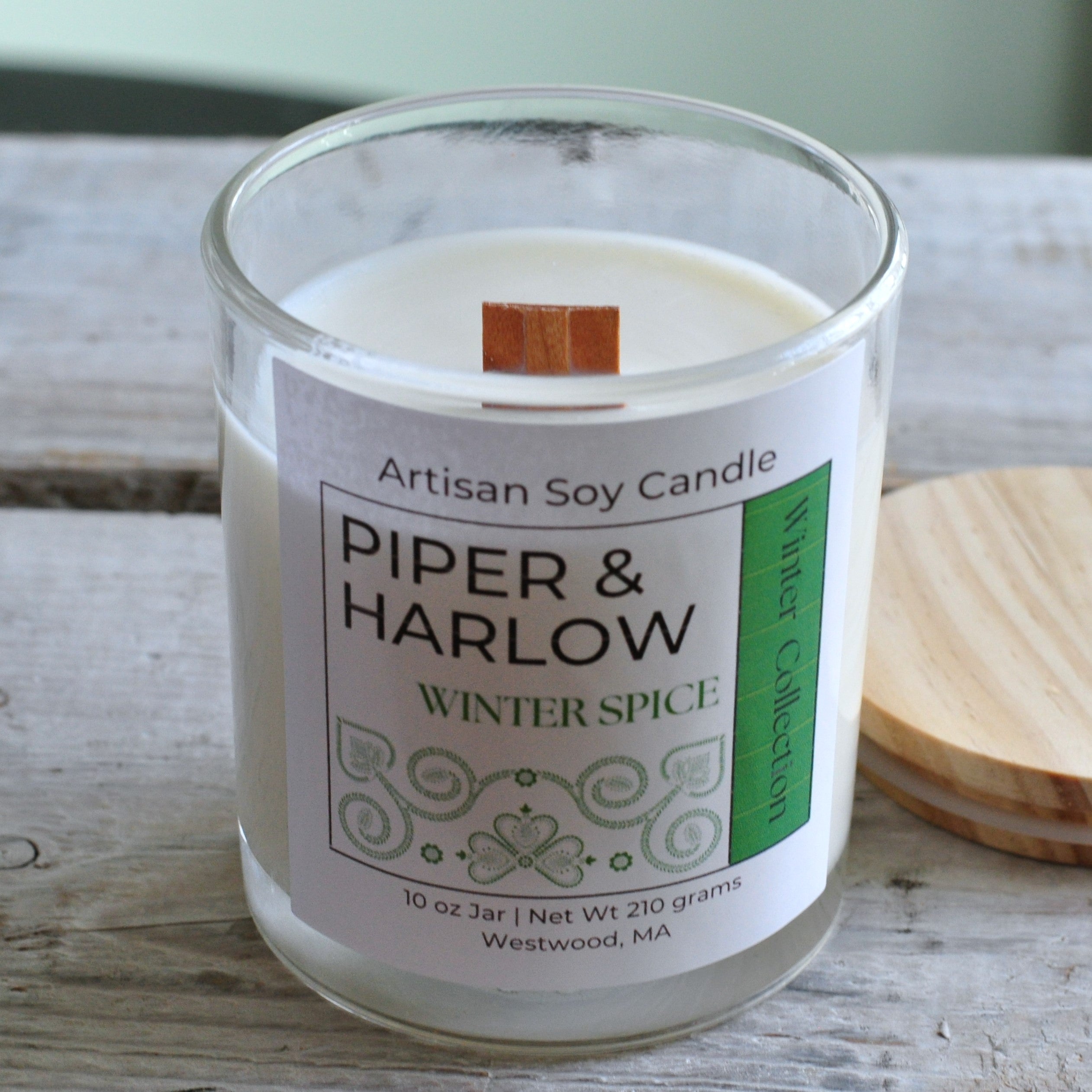 Wood wicked jar candle in scent Winter Spice.