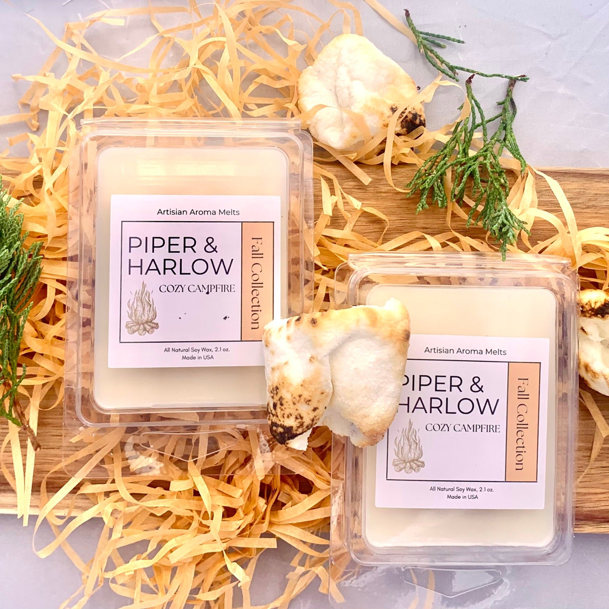 Soy wax melts in Cozy Campfire scent with decorative toasted marshmallows and shredded decorative paper.