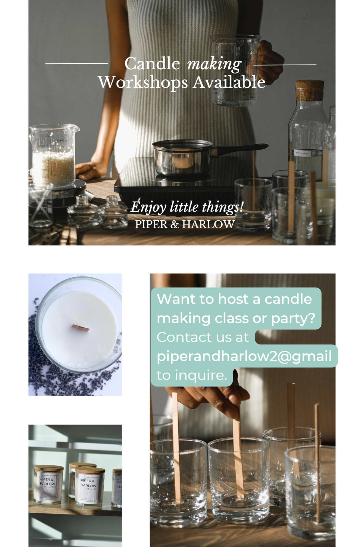 Advertisement for candle workshop. Candle making accessories and pictures of candles.