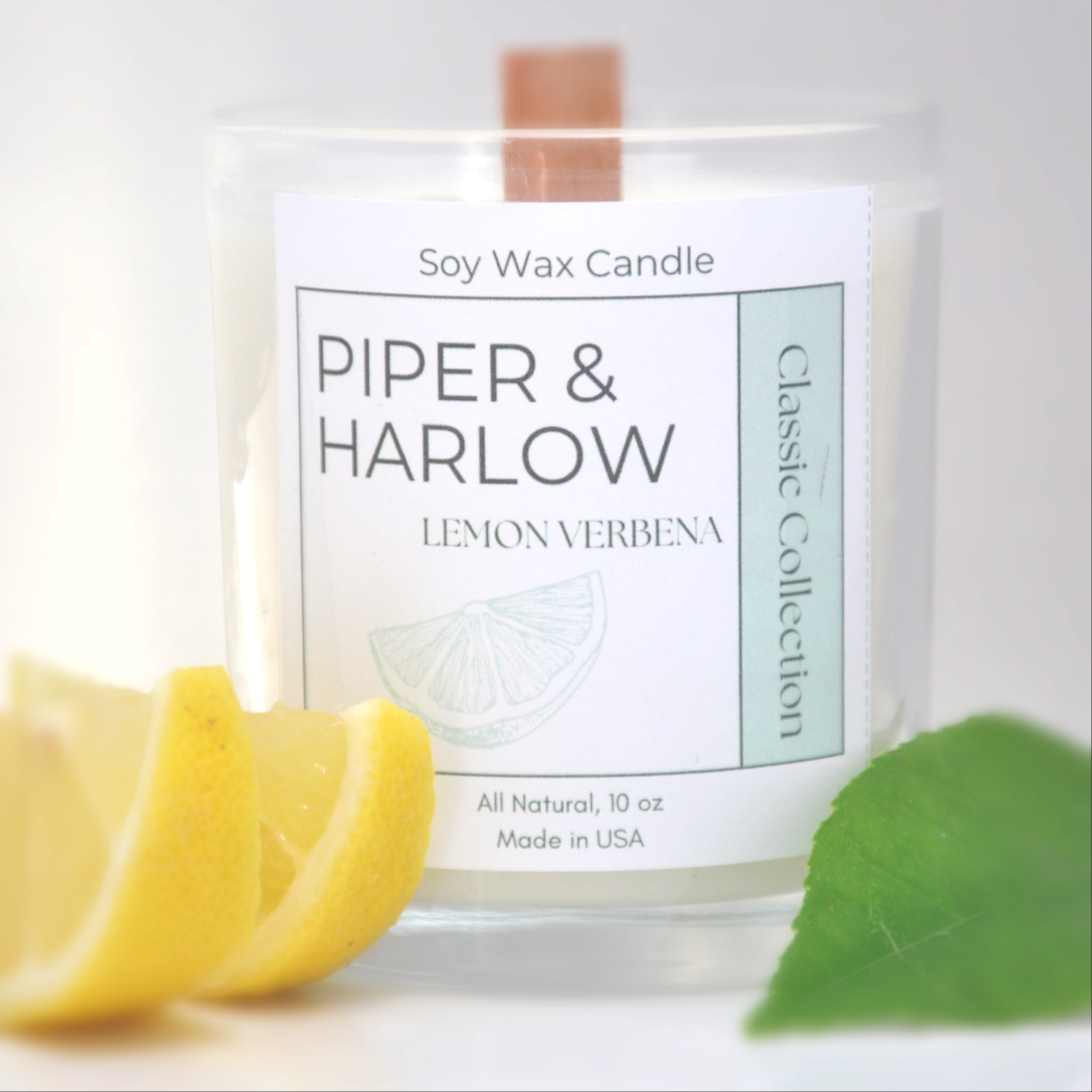 Lemon Verbena soy candle with wood wick and decorative lemon slices