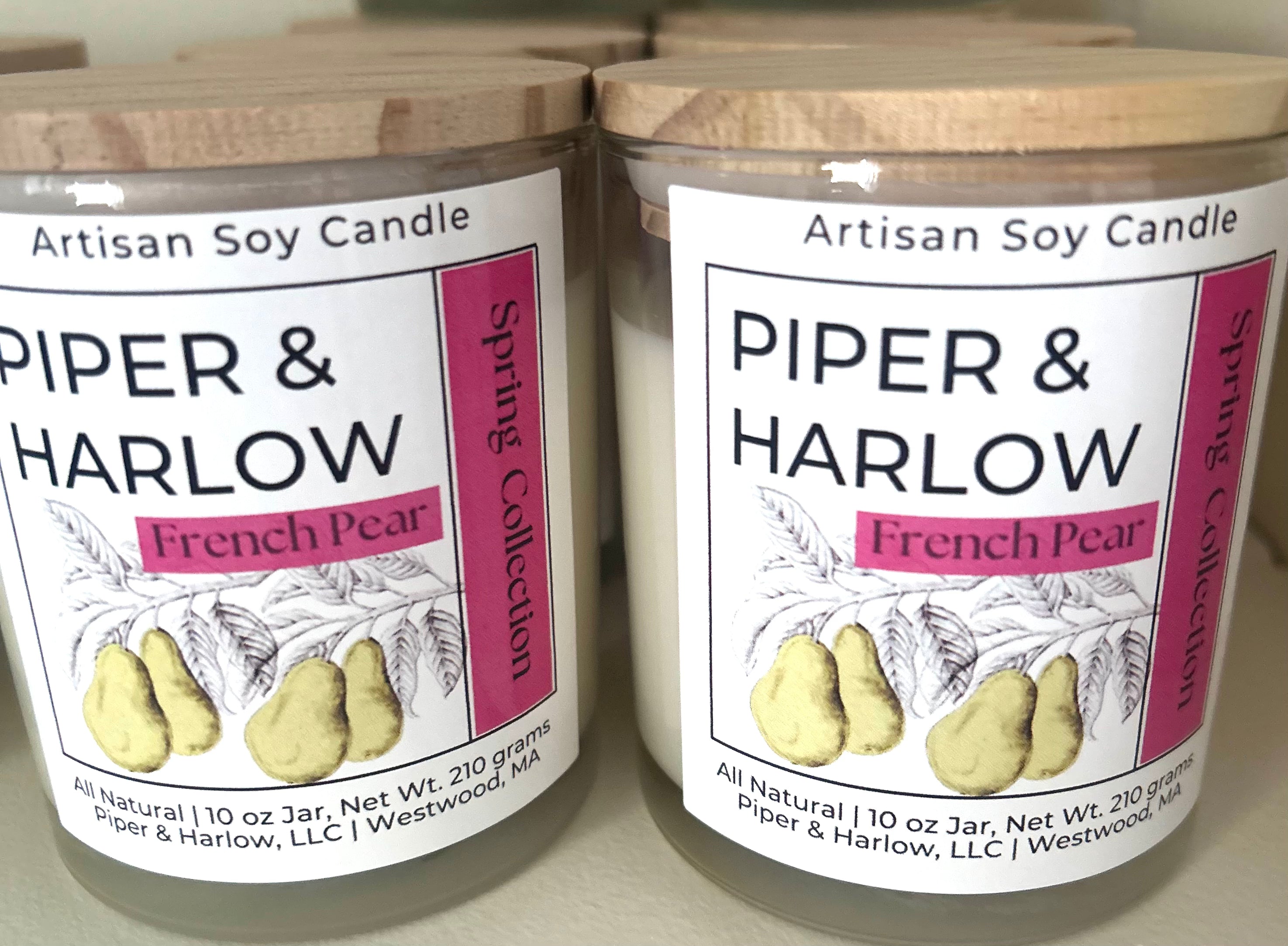 French Pear candle by Piper & Harlow in a glass jar with wooden lid.