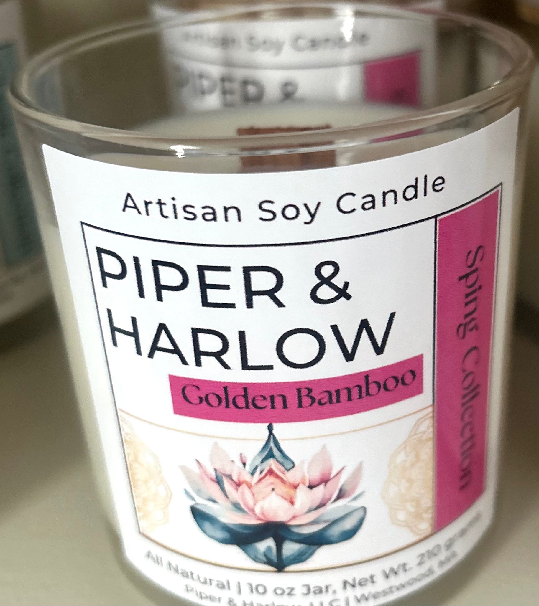 Golden Bamboo soy candle with crackling wood wick