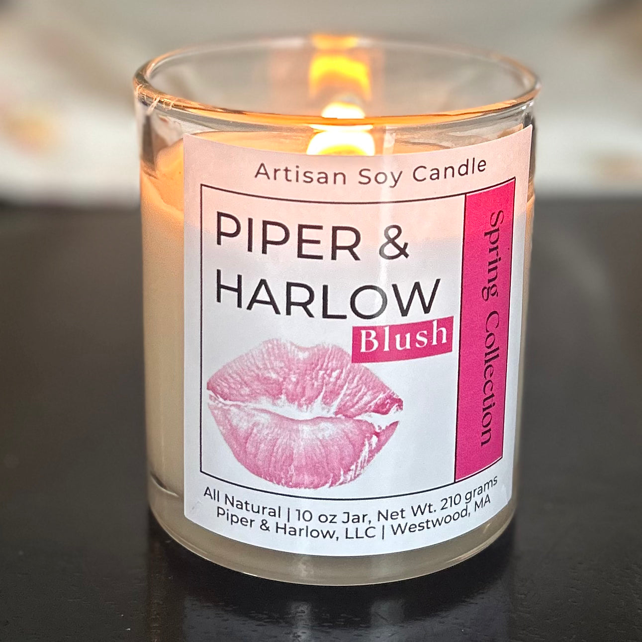 Blush candle in jar with kiss on label